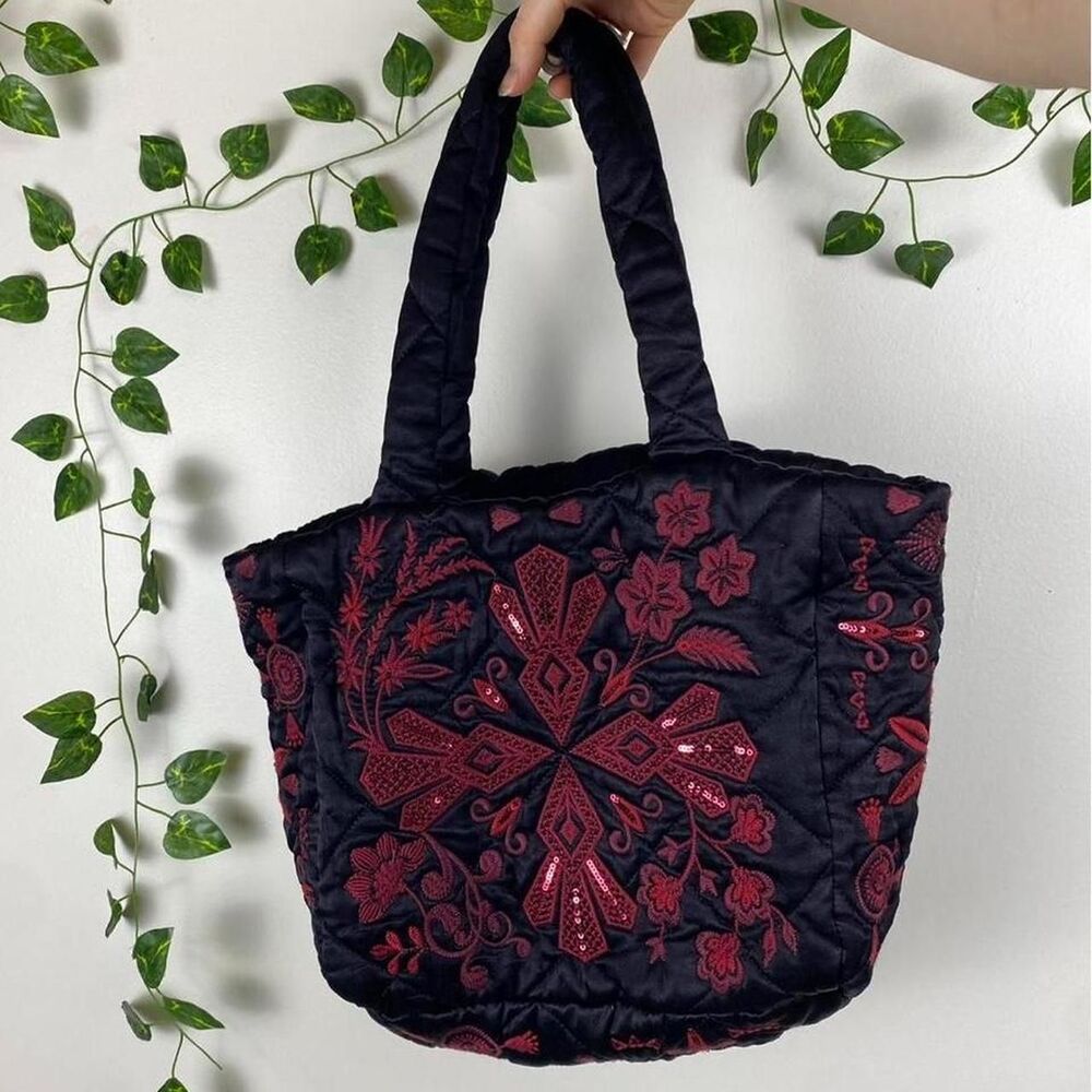 Johnny Was workshop Annalina quilted tote embroidered sequin black & red bag